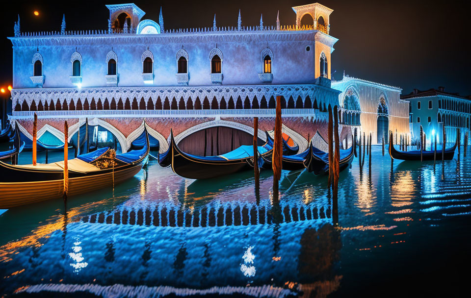 Historic buildings and bridge illuminate Venetian gondolas at night