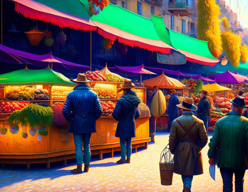 Colorful fruit stalls in a vibrant market scene