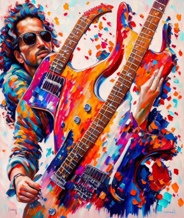 Colorful Painting: Man with Sunglasses Playing Electric Guitars