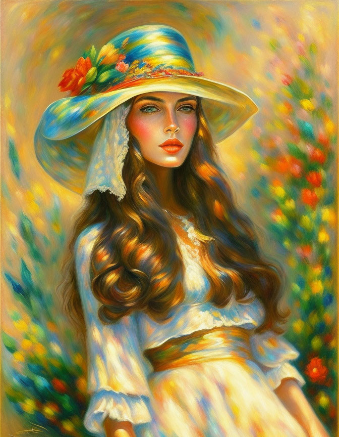 Portrait of Woman with Brown Hair in Flowered Hat on Floral Background