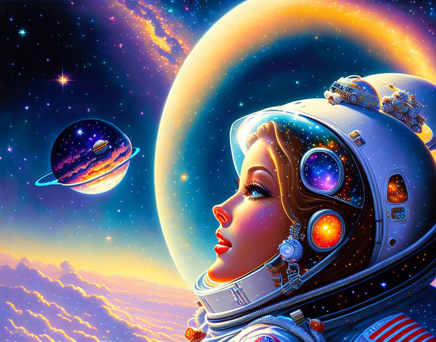 Detailed female astronaut illustration in vibrant cosmic backdrop