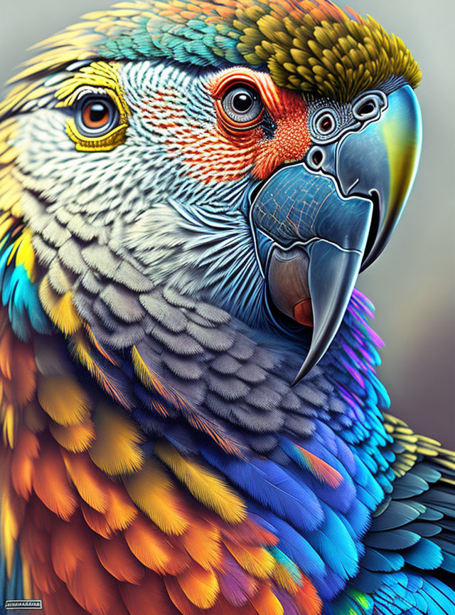 Colorful Parrot with Intricate Feathers in Blue, Green, Orange, and Yellow