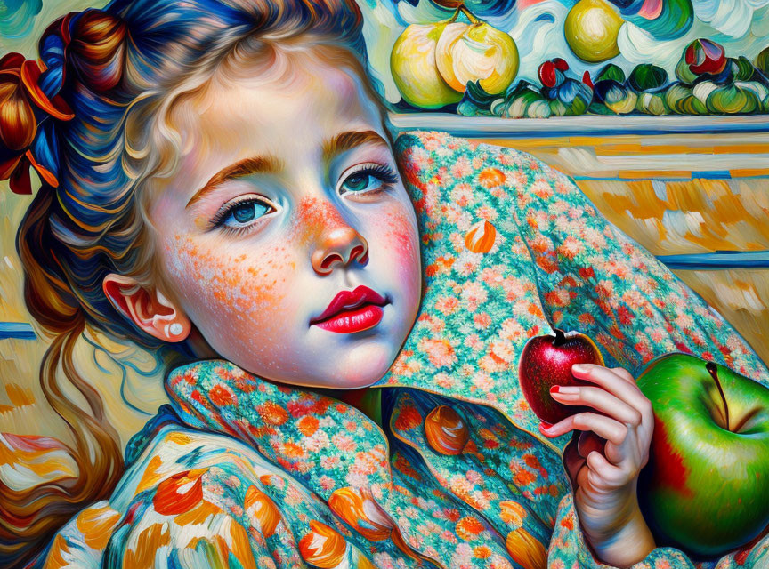 Digital painting of young girl with apple in floral setting