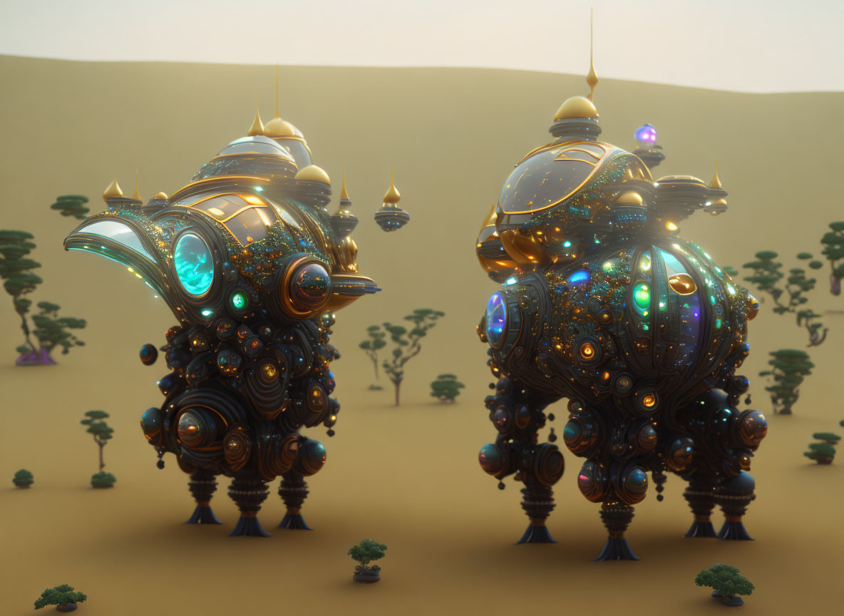 Futuristic ornate orbs hover over desert landscape