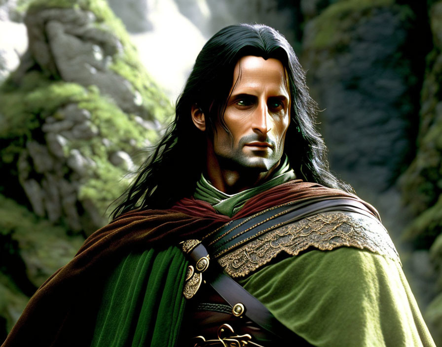 Male elf with long black hair in green cloak and armor on rocky background