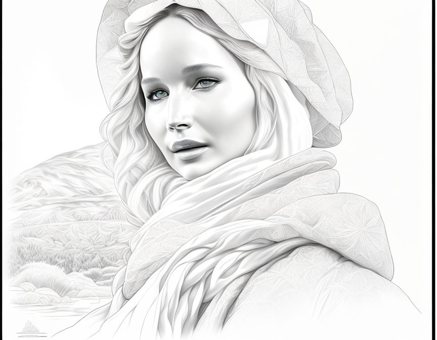 Monochromatic digital artwork of serene woman in elegant attire