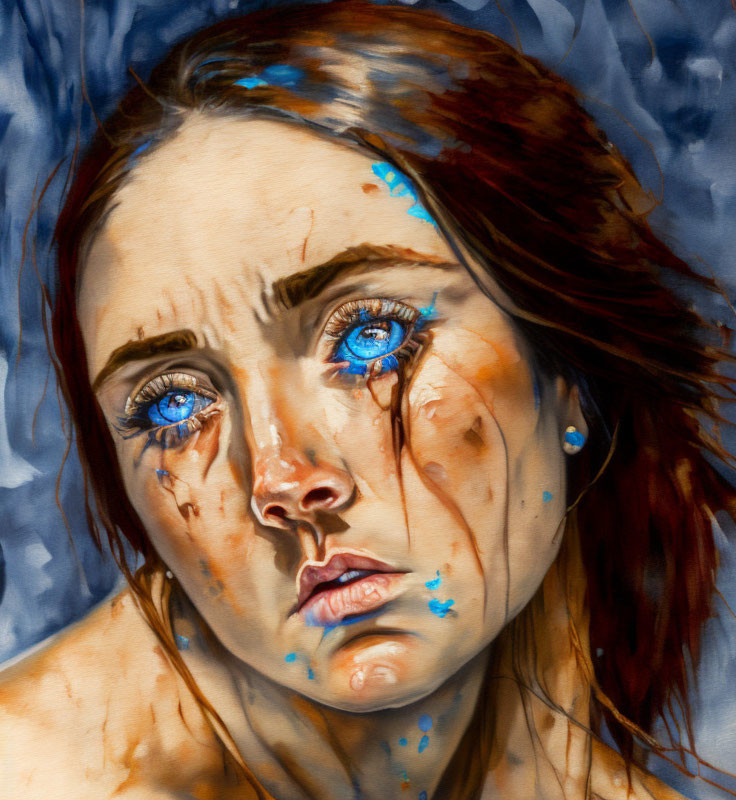 Realistic painting of woman with blue eyes and tear-streaked cheeks on textured blue background