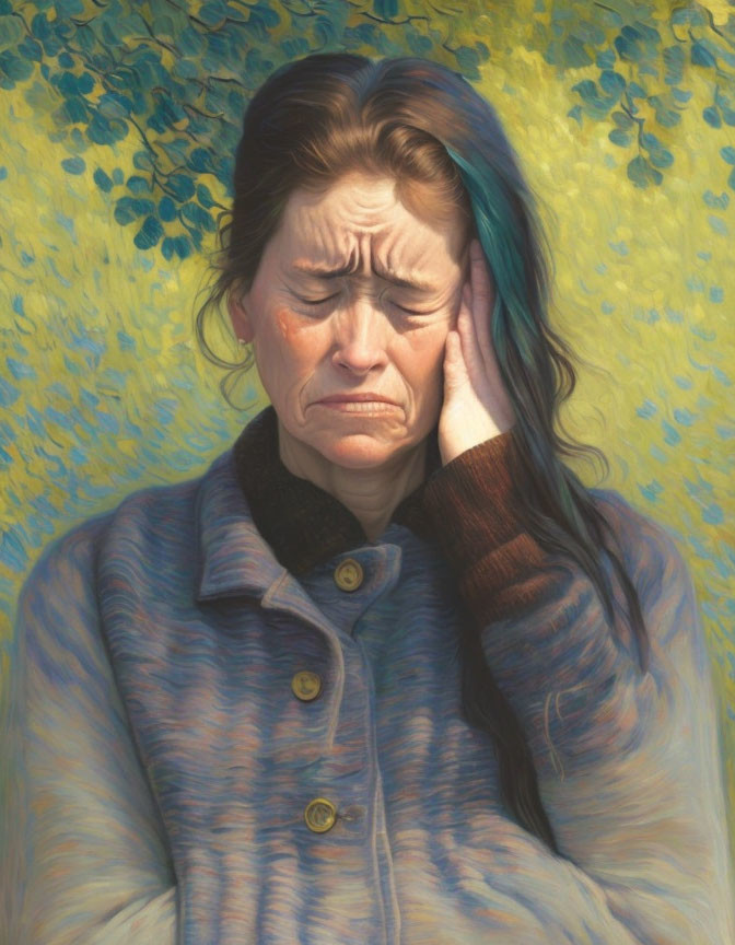 Woman in Pain Clutching Head Among Yellow Leaves