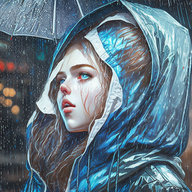 Blue-eyed woman in raincoat with umbrella under rainy sky