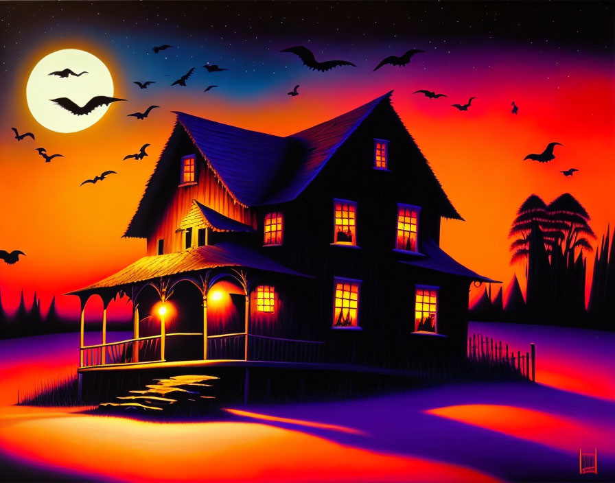 Illustration of Haunted House at Sunset with Bats and Full Moon