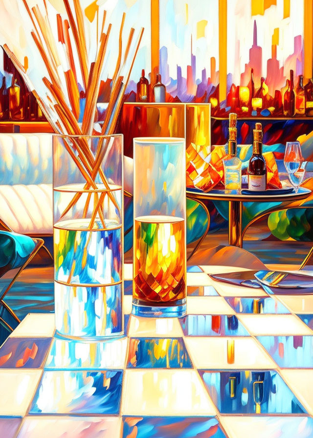 Colorful painting of table with diffuser, glass, bottles, and cityscape background