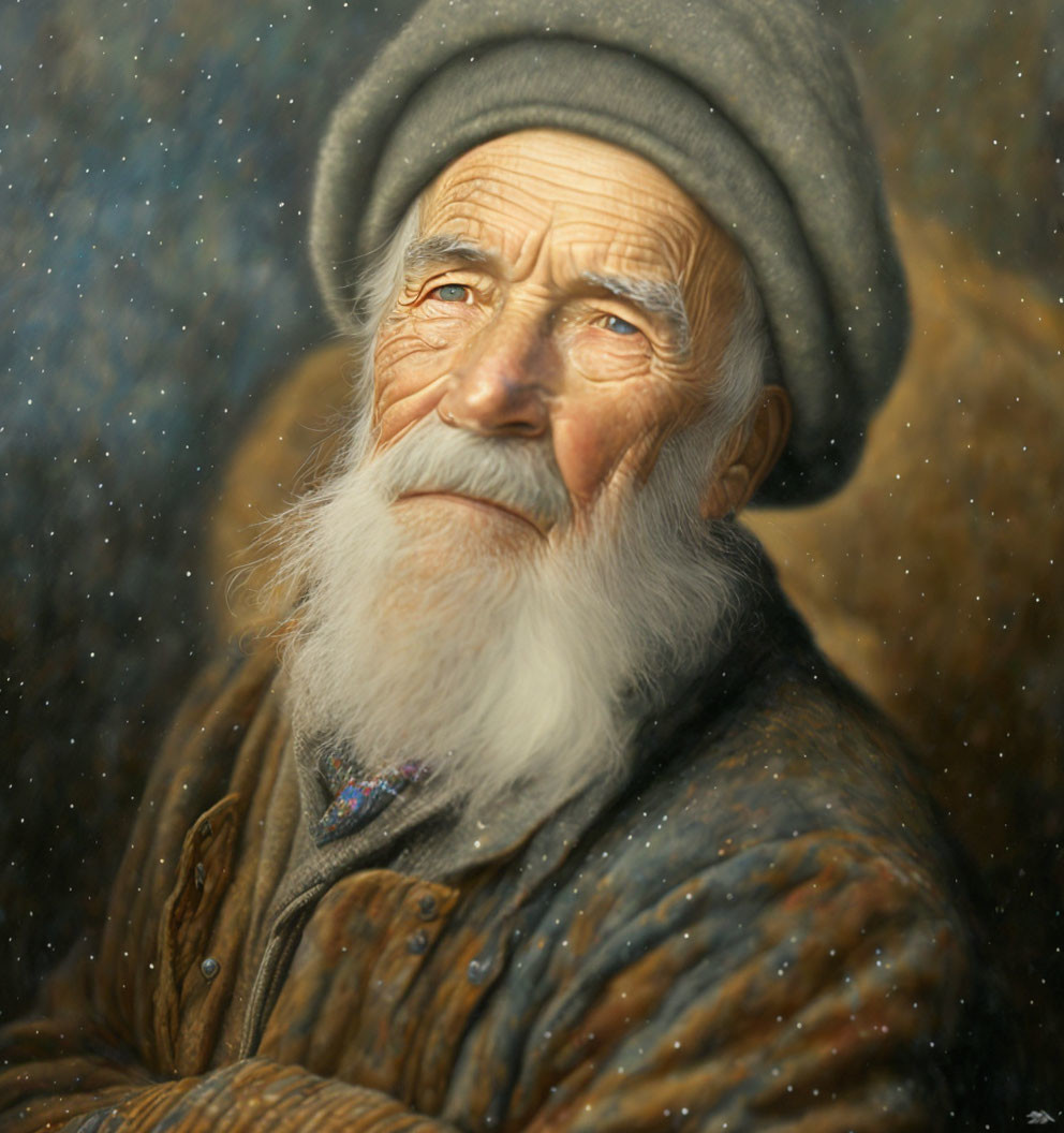 Elderly bearded man in hat and coat with falling snowflakes