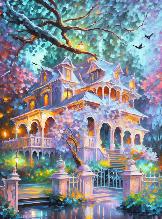 Enchanted Victorian mansion in lush garden with warm lights and flying birds