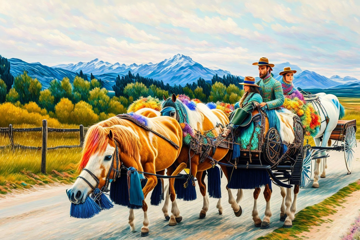 Colorful painting of two people in carriage on country road.