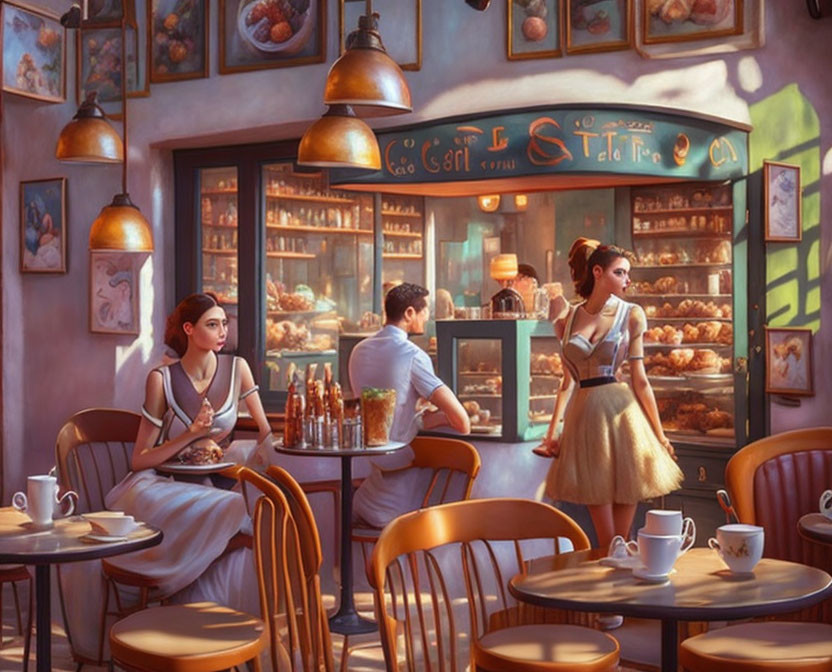 Warmly Lit Cafe with Patrons and Pastries