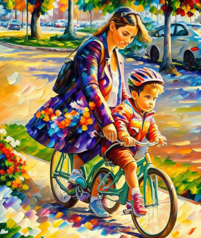 Colorful painting of woman assisting child on bicycle in sunny park