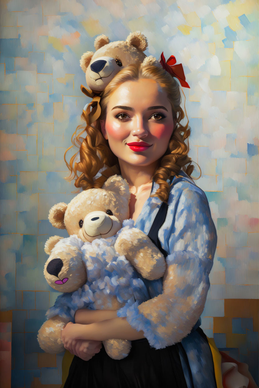 Curled hair woman with teddy bears against checkered background