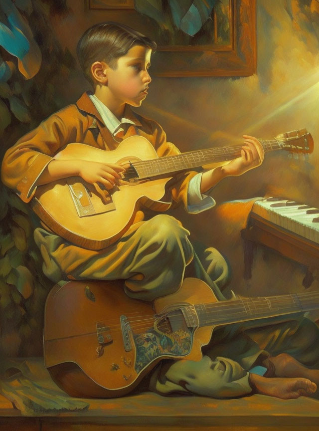 Boy playing classical guitar in sunlight with keyboard and second guitar nearby