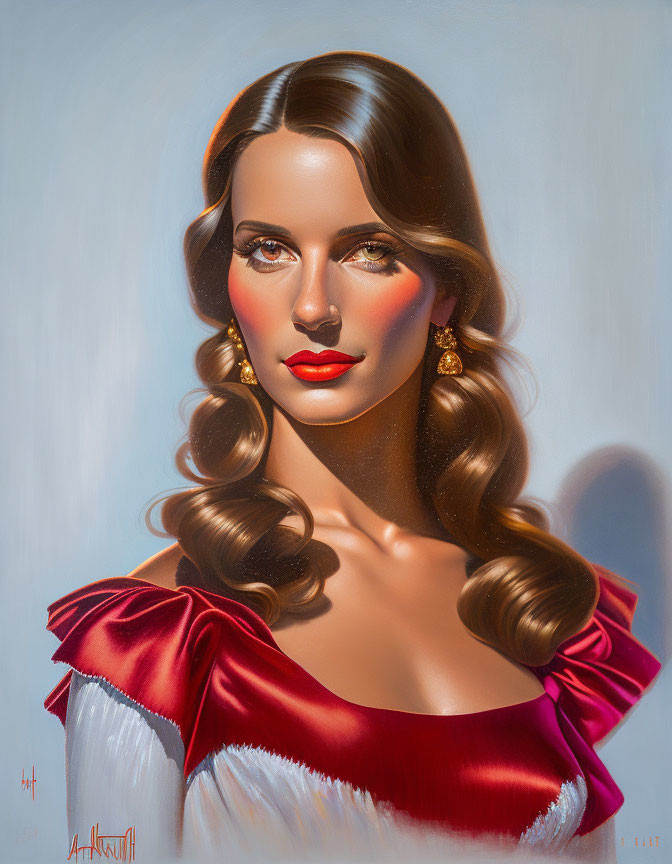 Classic portrait of woman with brown hair and red lipstick in vintage attire