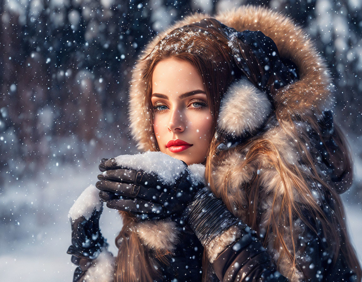 Woman in winter attire with fur hood and gloves, snowflakes falling, gazing into distance