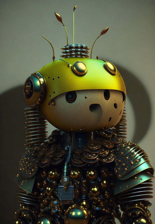 Steampunk-style robot with detailed golden helmet and metal gears.