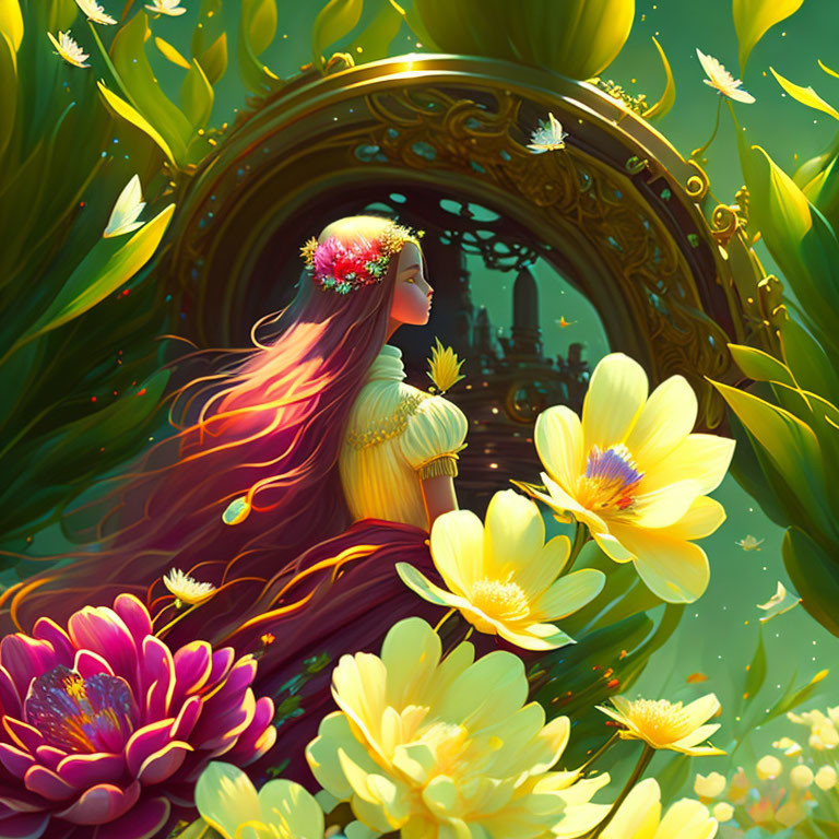 Illustration of woman with flowing hair gazing into mirror amidst flowers and fireflies