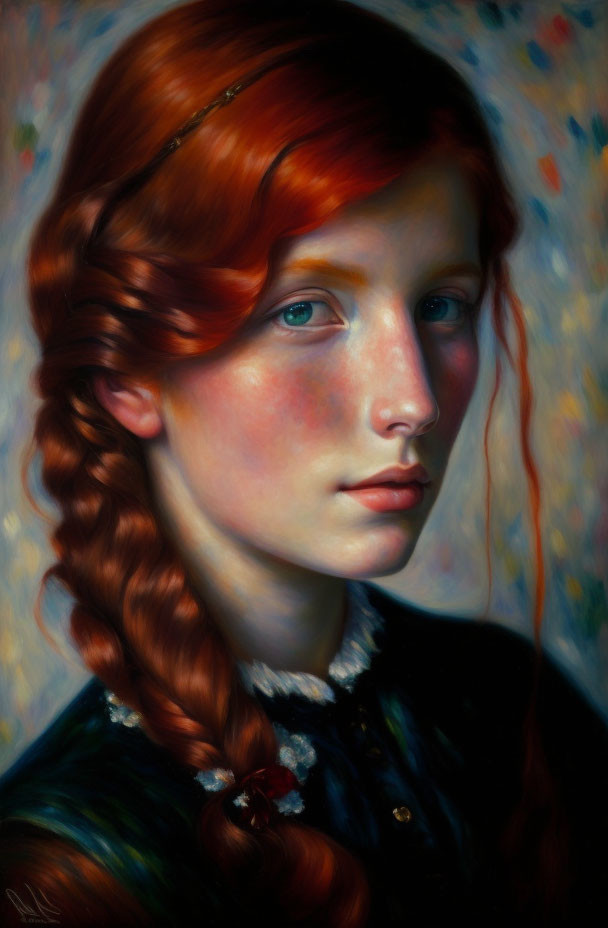 Realistic portrait of young woman with long braided red hair on multicolored background