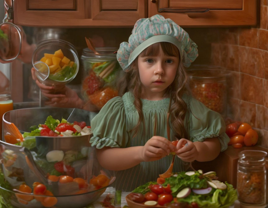 Young girl in chef's hat making salad with fresh tomatoes in cozy kitchen