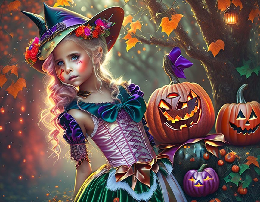 Young Girl in Witch Costume with Flower-Adorned Hat by Pumpkins and Autumn Leaves