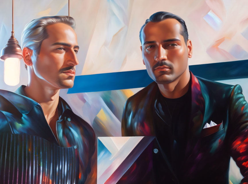 Abstract painting featuring stylized male figures with sharp features and slicked-back hair.