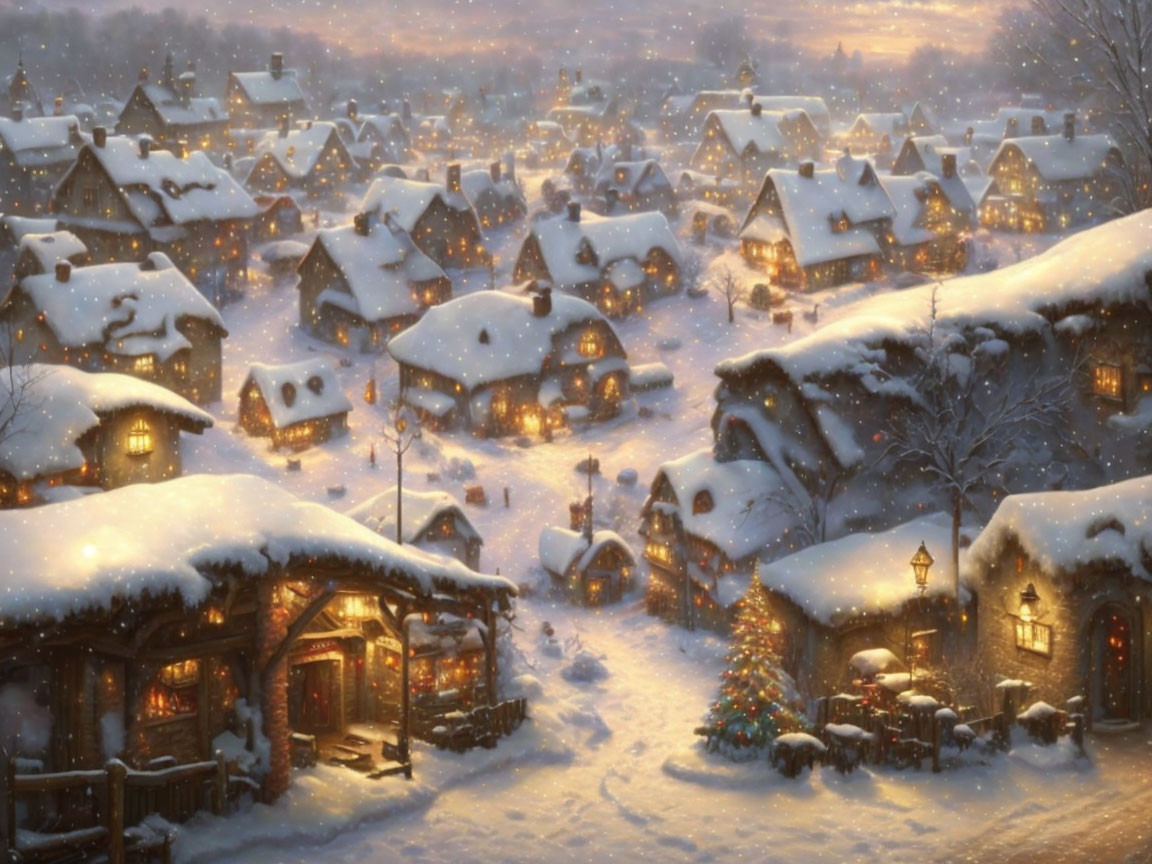 Snow-covered village at dusk with illuminated windows, glowing street lamps, and central Christmas tree in gentle snow