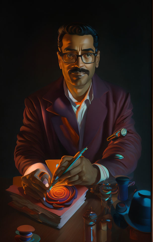 Man with glasses painting luminescent spiral under moody lighting