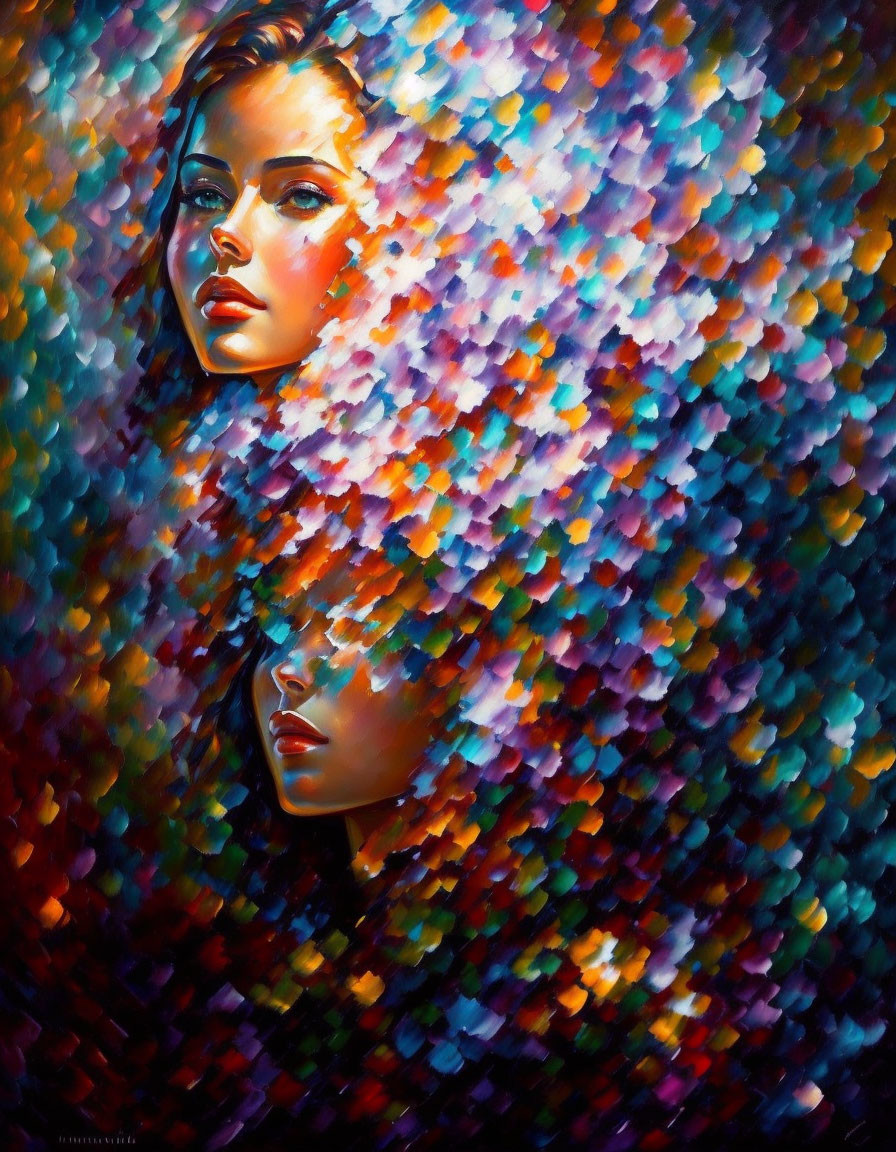 Colorful Abstract Painting of Two Women's Faces with Expressive Eyes