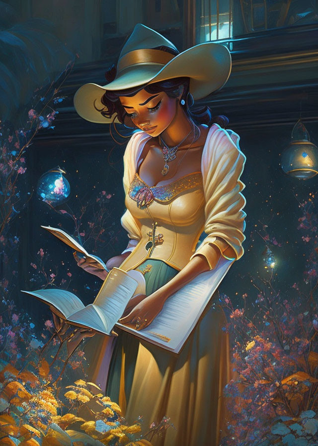 Stylized illustration of woman in yellow dress reading in mystical night scene