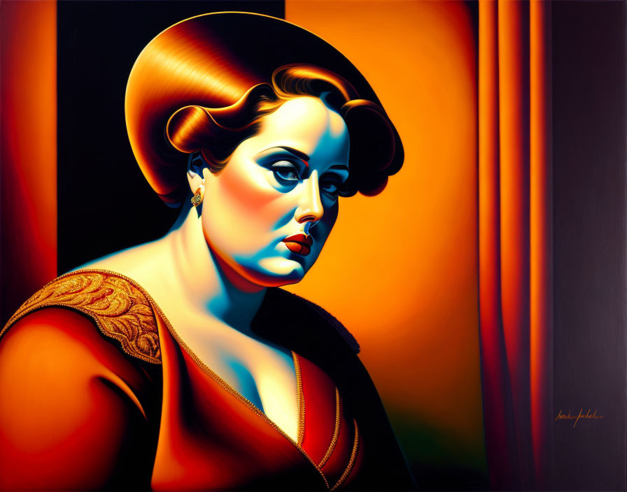 Stylized portrait of woman with retro hairstyle and dramatic makeup in orange and blue hues