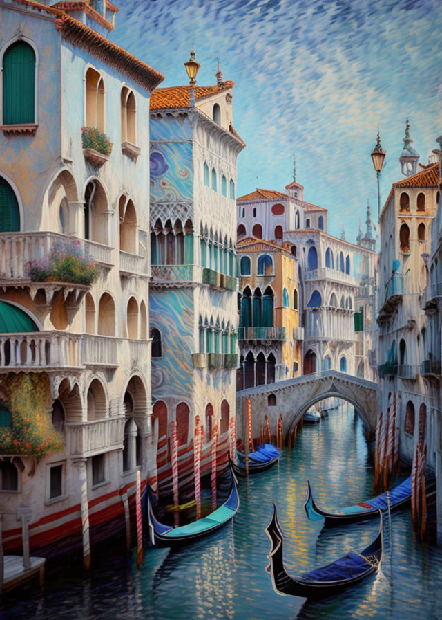 Scenic Venetian canal with gondolas and bridges