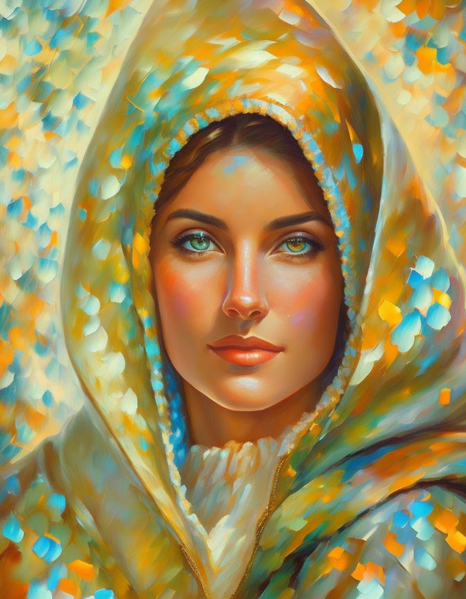 Portrait of Woman with Striking Blue Eyes and Vibrant Hood in Warm Impressionistic Style