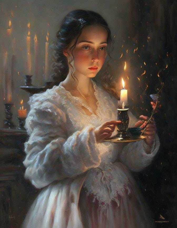 Young woman in vintage white dress holding lit candle in dimly lit room