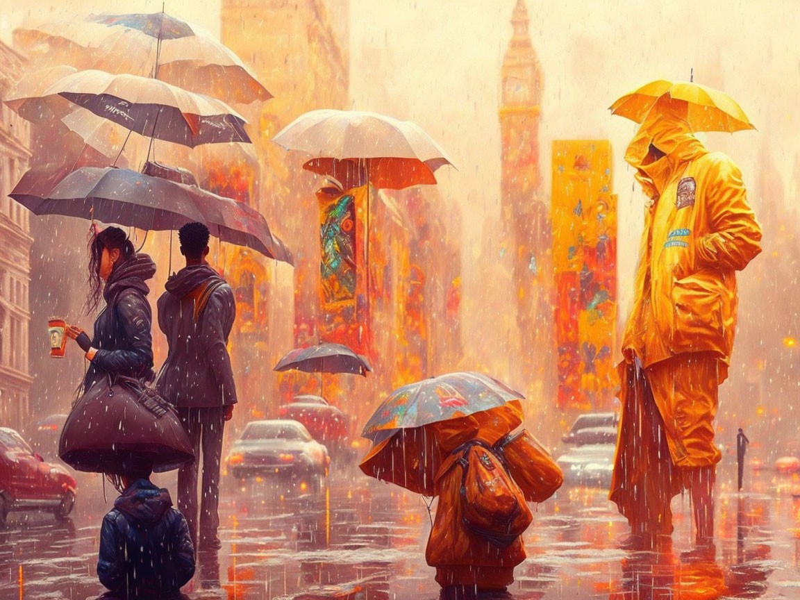 Vibrant umbrellas in rainy street scene with figure in yellow coat