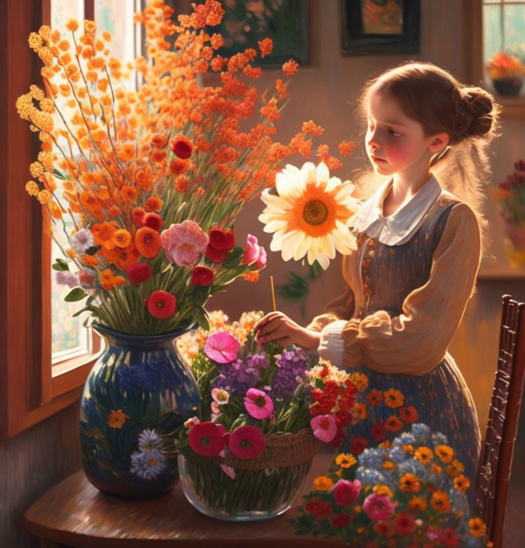 Young girl in sunlit room surrounded by vibrant flowers and daisy.