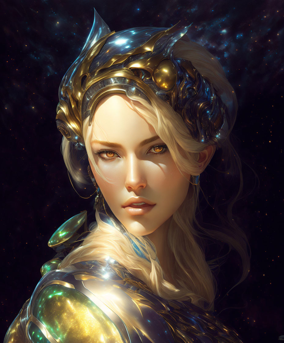 Fair-skinned woman in golden armor and helmet on starry background with mystical aura