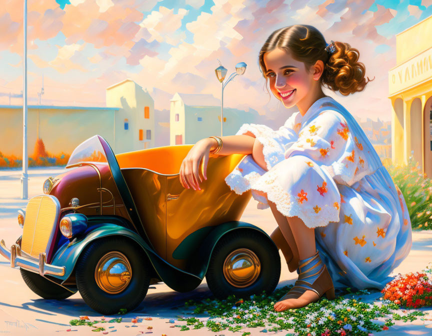 Girl in white dress with orange flowers beside vintage car toy under sunny sky