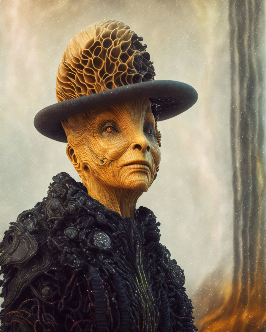 Alien portrait with ridged head, wide eyes, broad nose, black outfit, hat, and