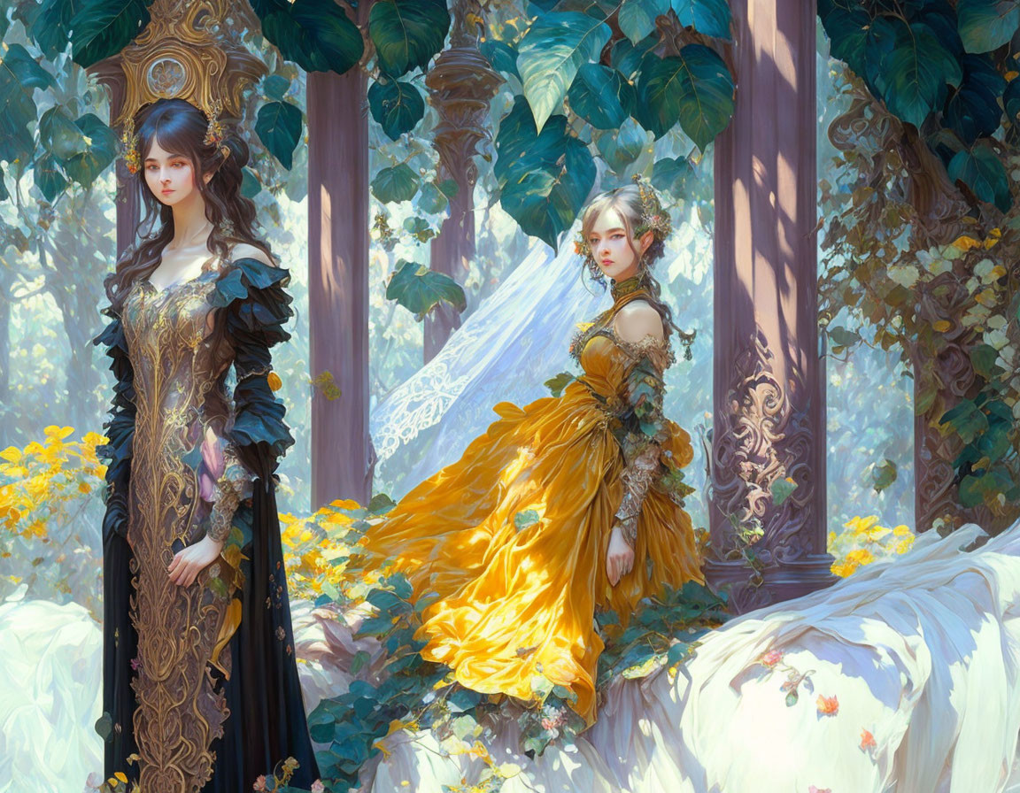 Elegantly dressed women in fantastical forest with lush greenery