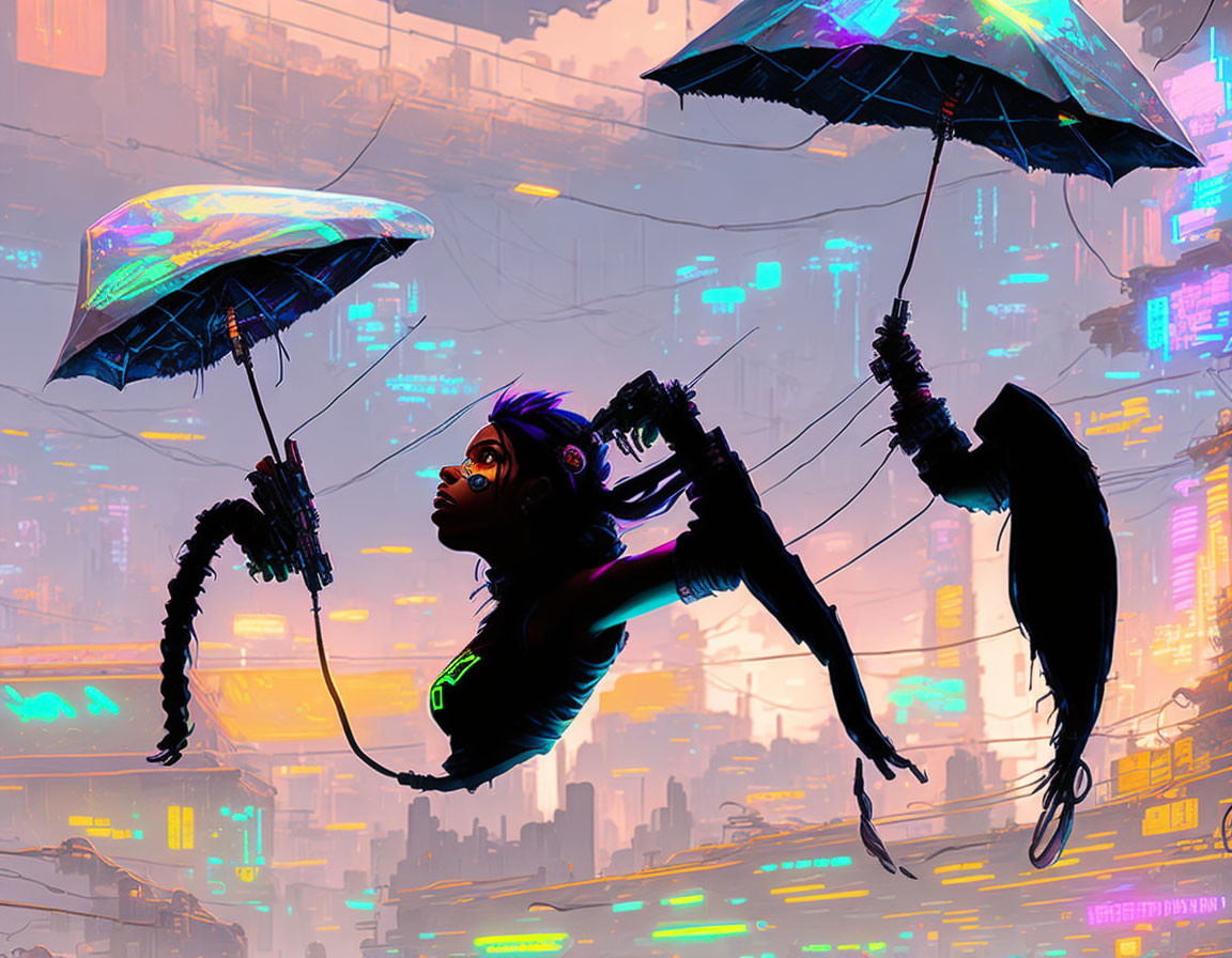 Futuristic figure in neon cyberpunk cityscape with illuminated umbrella