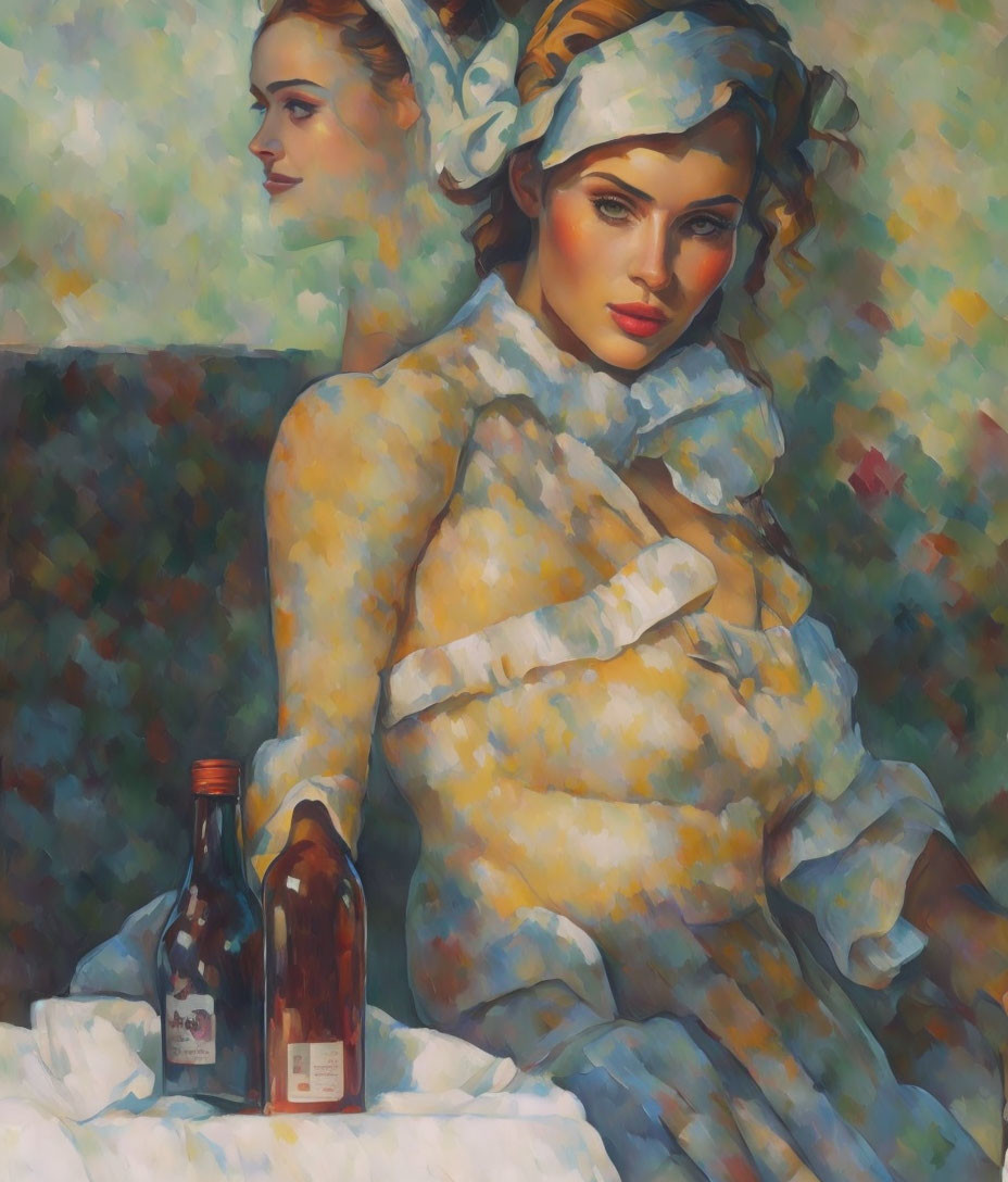 Stylized vintage women with wine bottle in vibrant brush strokes