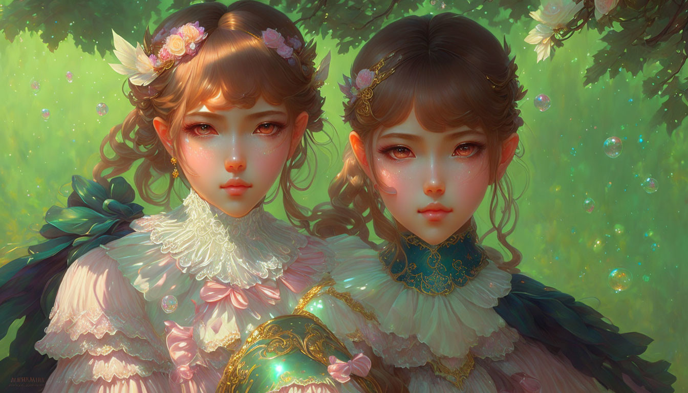 Illustrated characters in ornate dresses with delicate features in lush green setting