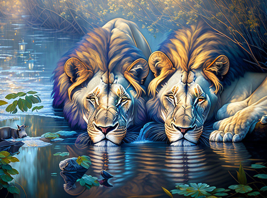 Vibrant forest landscape with lions and reflections in water