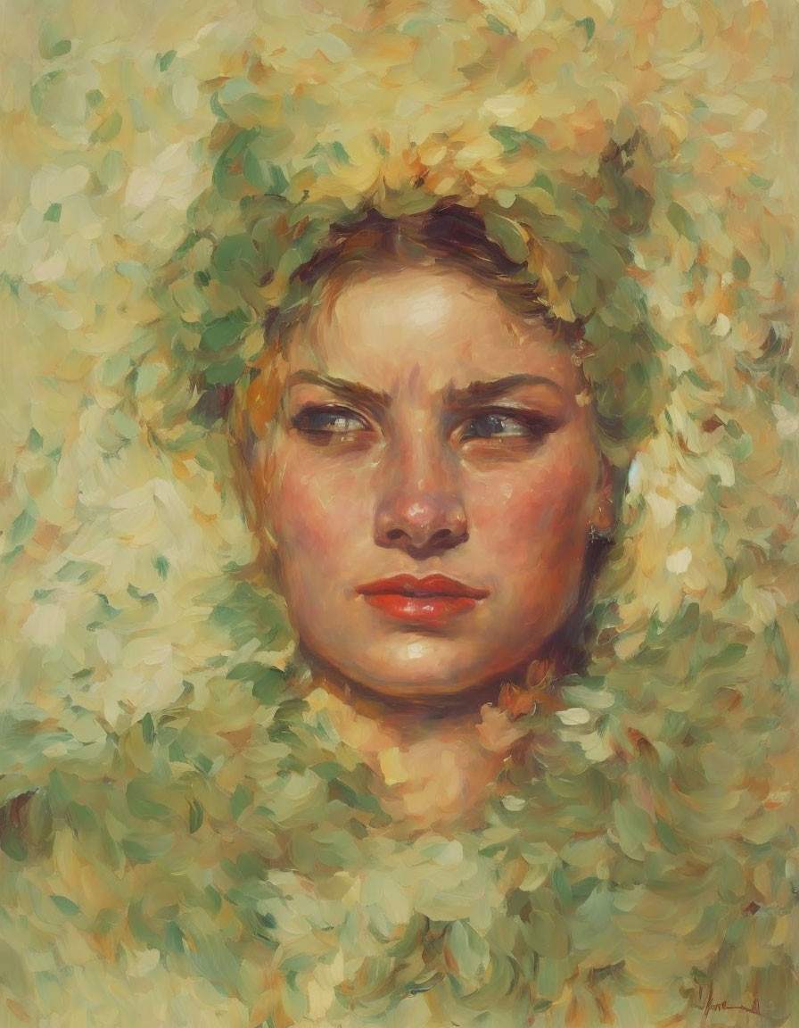 Impressionist-style painting: Woman in warm tones with green and yellow brushstrokes