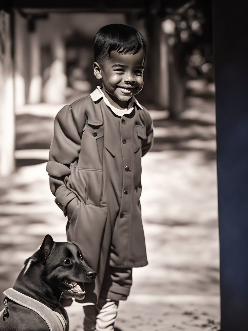 Child in coat smiling next to black dog in outdoor setting